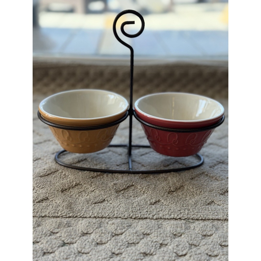 tastefully simple condiment dip set  w caddy rack 2 bowls